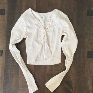 Urban Outfitters Cream Ribbed Henley Long-Sleeve Crop Top